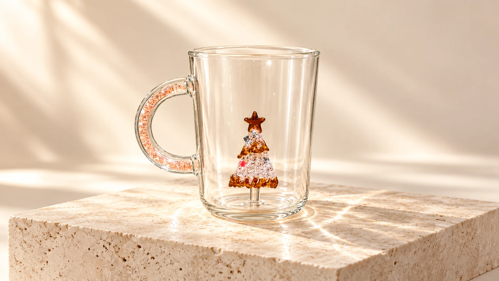 Christmas tree glass mug styled for a warm seasonal table.