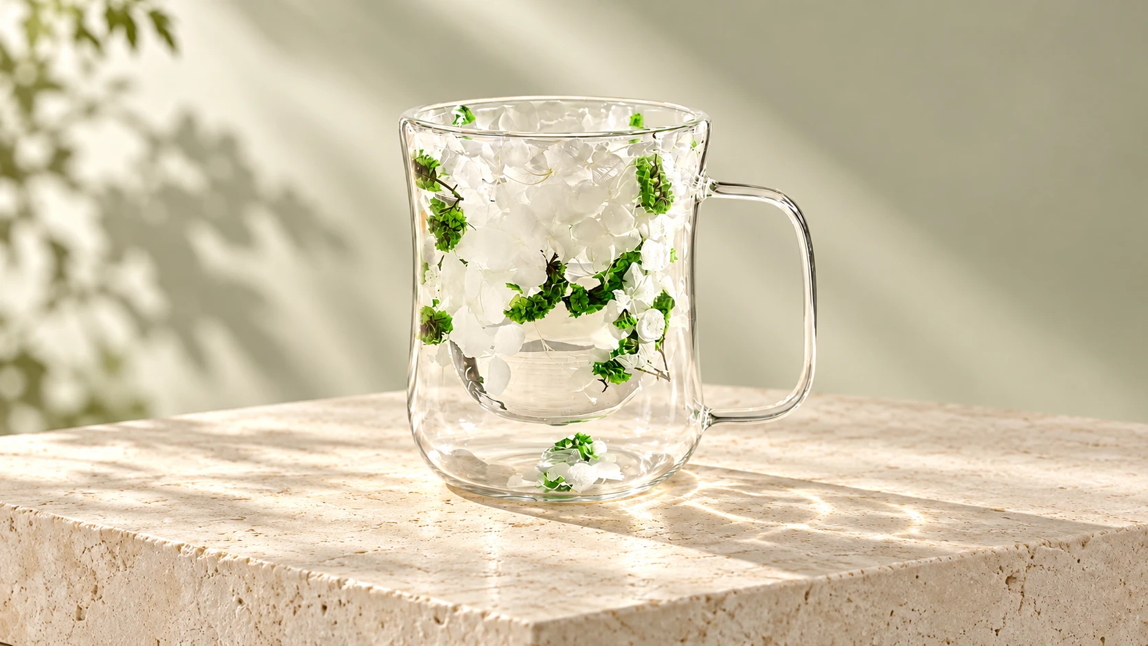 Botanical glass mug with a fresh green design in a soft natural setting.