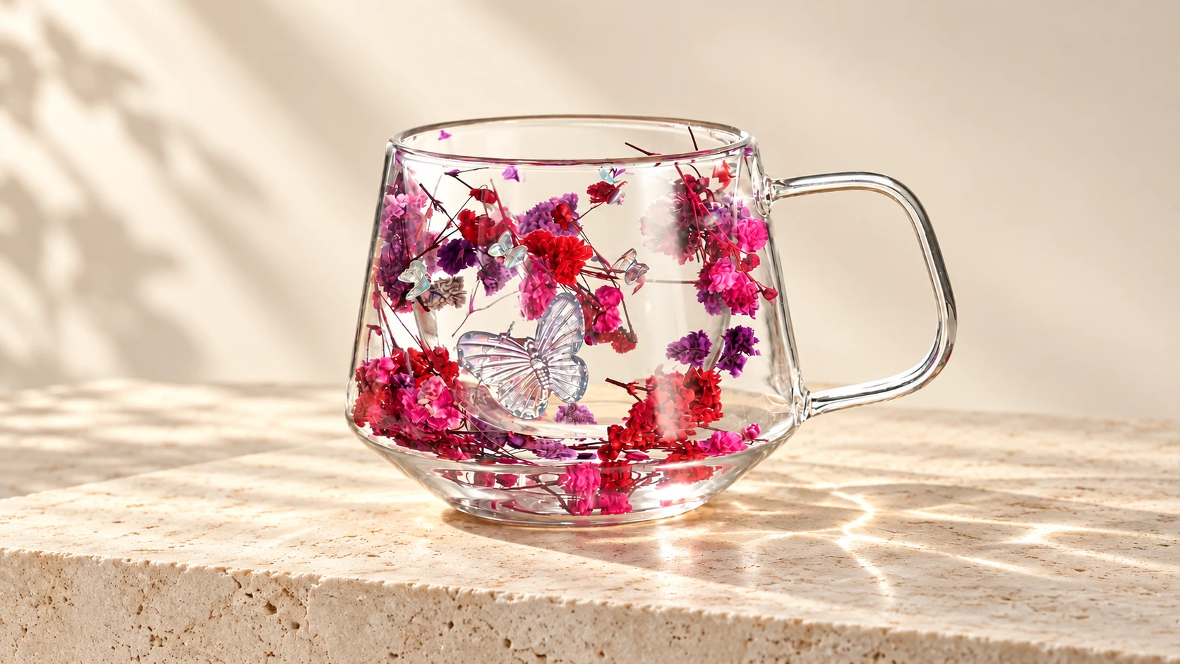 Clear glass mug with a pressed flower decoration, styled on a light stone surface.