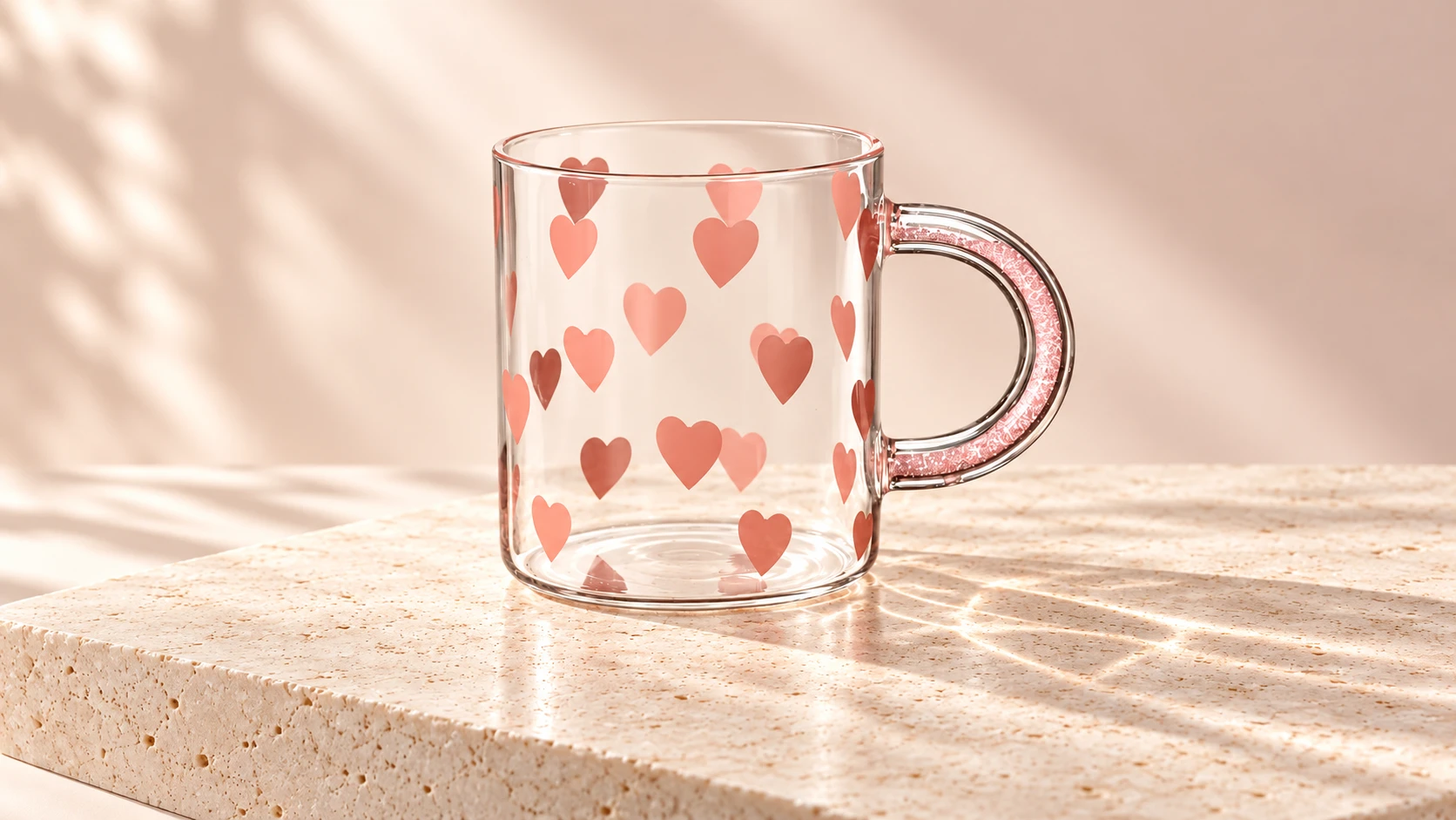 Clear glass mug decorated with pink hearts and a sparkling handle.
